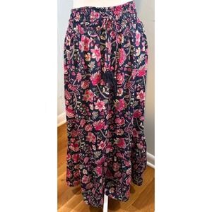 Anthropologie Boemo Floral Maxi Skirt M Smocked Waist Tiered Boho Navy Pink